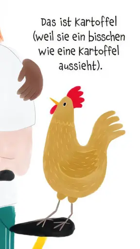 Ein gemaltes Huhn auf einem Fahrradsattel (Hand und Arm zweier Personen links im Hintergrund zu sehen). Darüber steht geschireben "Das ist Kartoffel (weil sie ein bisschen wie eine Kartoffel aussieht)."