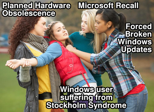 (Stock photo of three women bullying another woman): A Windows user suffering from Stockholm Syndrome looks at the camera in a distressfully aroused way, held down by Planned Hardware Obsolescence while being threatened by forced broken Windows Updates as Microsoft Recall watches.