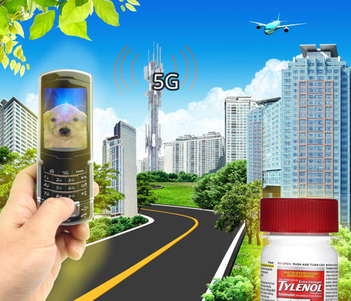 Jotchua (A golden retreiver puppy) is on the other side of a video call being received through a flip phone, and in the other hand from the flip phone is a bottle of glowing tyenol. There is a background of a green city with a prominent 5G tower. 