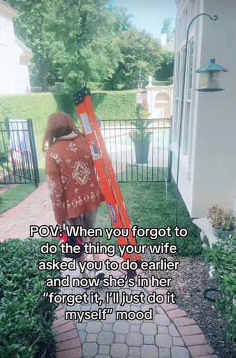 A photo of a woman carrying a ladder outside of a home with the caption: POV When you forgot to do the thing your wife asked vou to do earie and now she's in her
"forget it, I'll just do it myself" mood