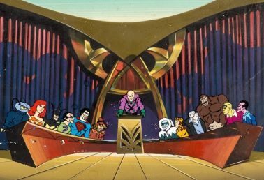 A freezeframe from the 1978 DC Comics animated series *Challenge of the Superfriends* which shows the group of supervillains known as the Legion of Doom seated at a table with Lex Luther at the center